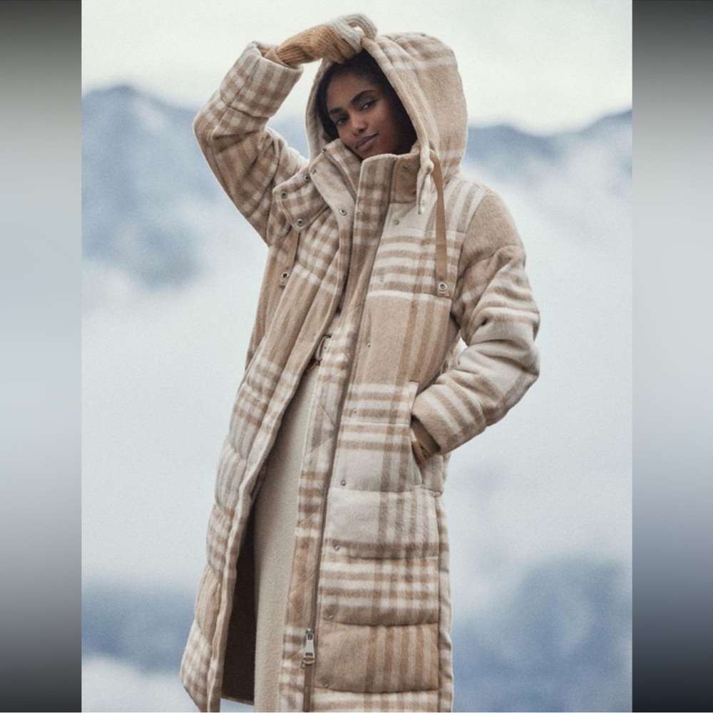 Avec Les Filles Tan and Cream Plaid Puffer Jacket